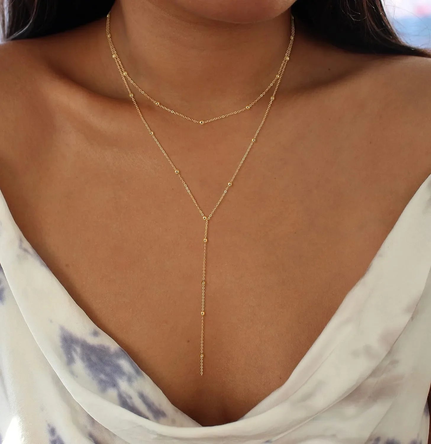 Gold Necklace for Women 14K Gold Plated/Silver Y-Shaped Pendant Necklace Layered Beaded Chain Drop Necklaces for Women Gift