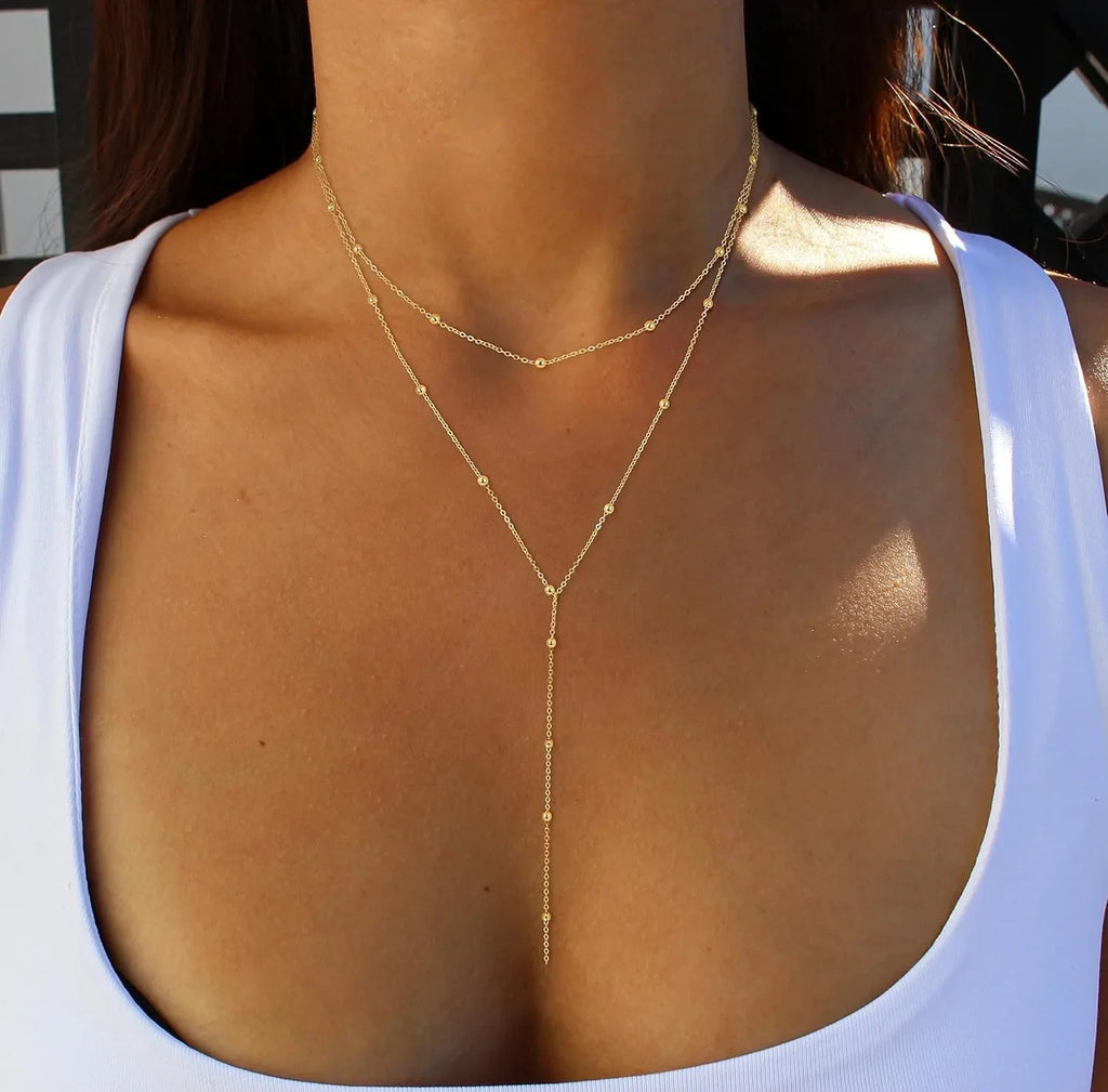 Gold Necklace for Women 14K Gold Plated/Silver Y-Shaped Pendant Necklace Layered Beaded Chain Drop Necklaces for Women Gift