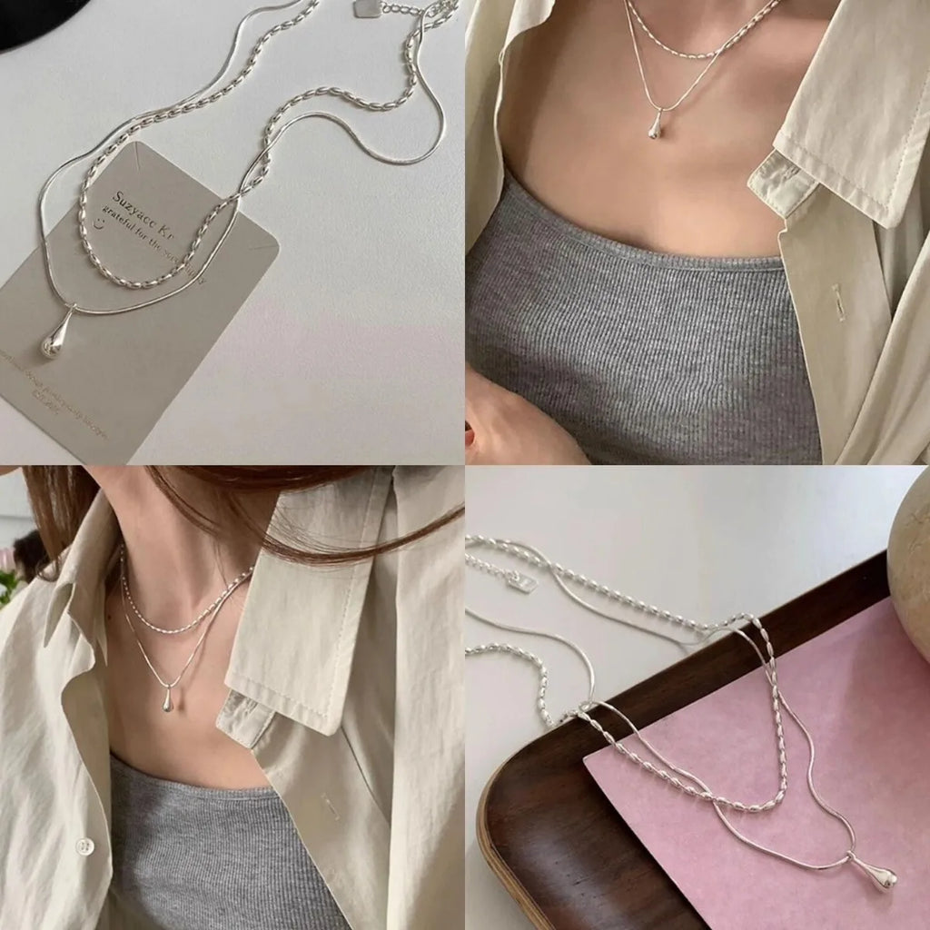 925 Sterling Silver Simple Design Drop Pendant Necklace for Women Double Collar Chain Fashion Fine Jewelry Gifts