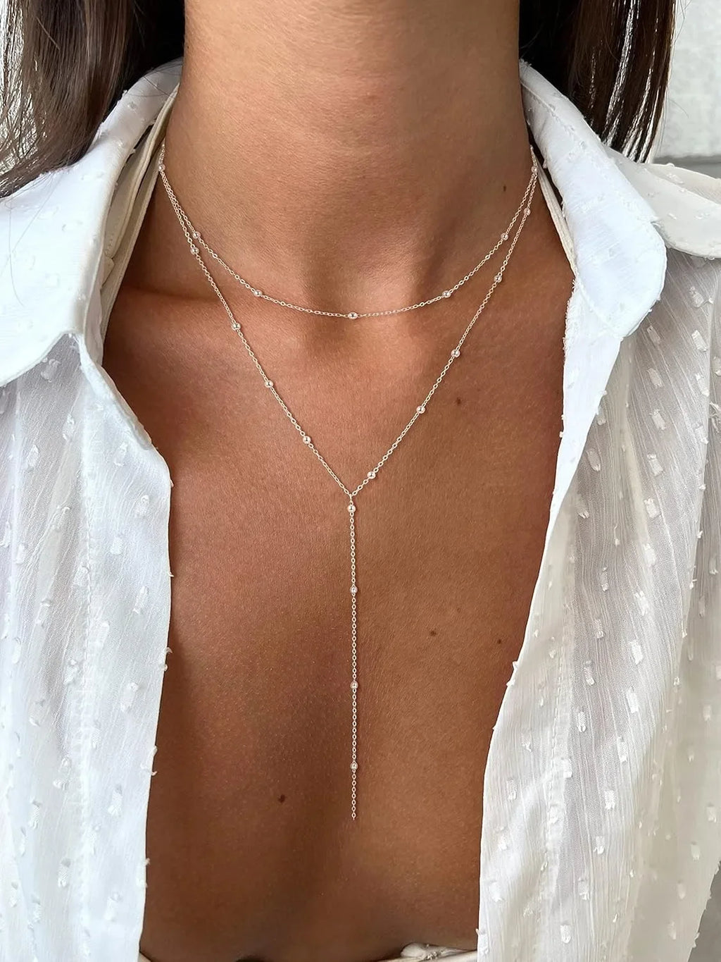 Gold Necklace for Women 14K Gold Plated/Silver Y-Shaped Pendant Necklace Layered Beaded Chain Drop Necklaces for Women Gift