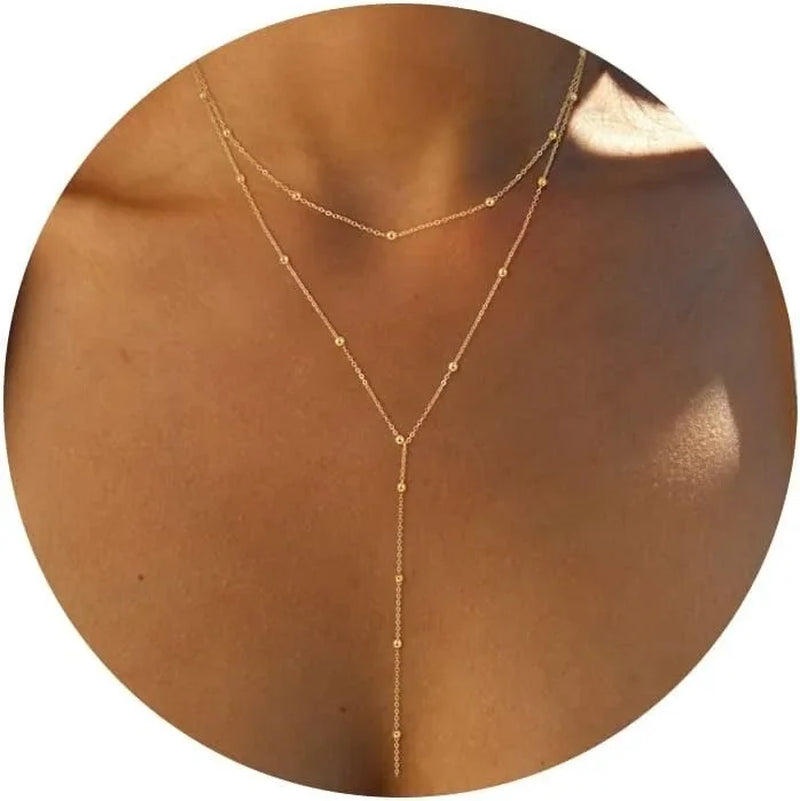 Gold Necklace for Women 14K Gold Plated/Silver Y-Shaped Pendant Necklace Layered Beaded Chain Drop Necklaces for Women Gift
